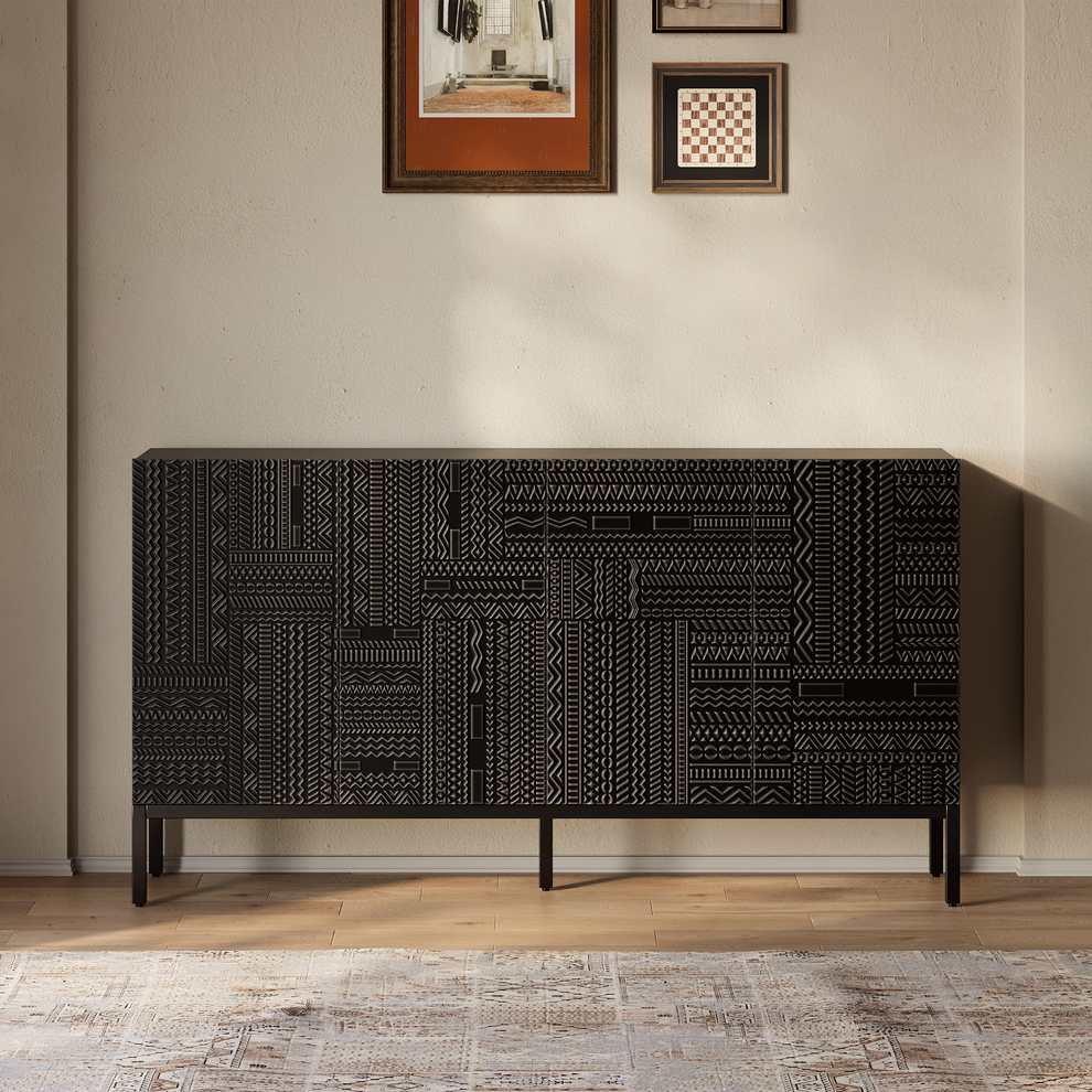 Aparador de teca negra de 70", mueble buffet de 4 puertas con tallado geométrico Tabwa