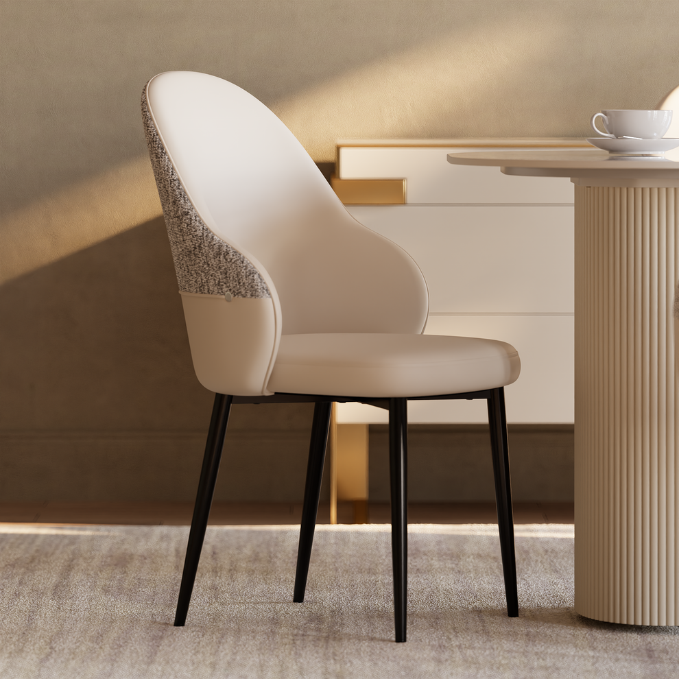 2 Pack Minimalist Cream PU Leather & Chenille Mixed Dining Chairs with Tall Back & Pencil Legs