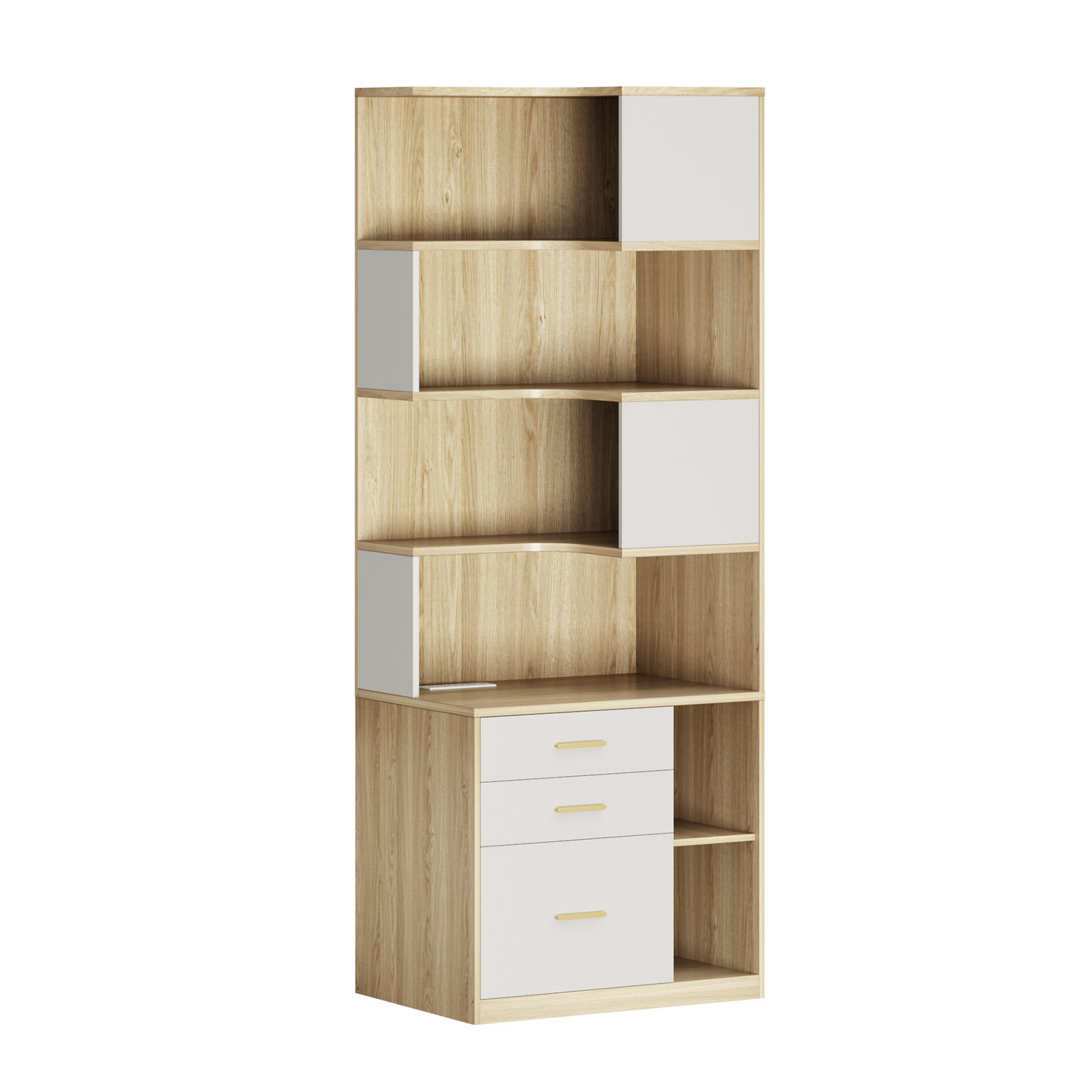 A tall light woodgrain shelving unit has staggered white dividers, Three white drawers and two lower cubbies fill the base
