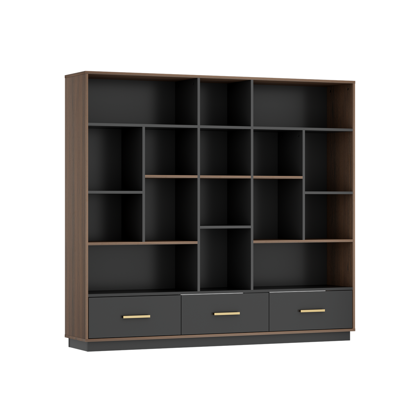 Tall dark shelving cabinet has varied open compartments and three lower drawers