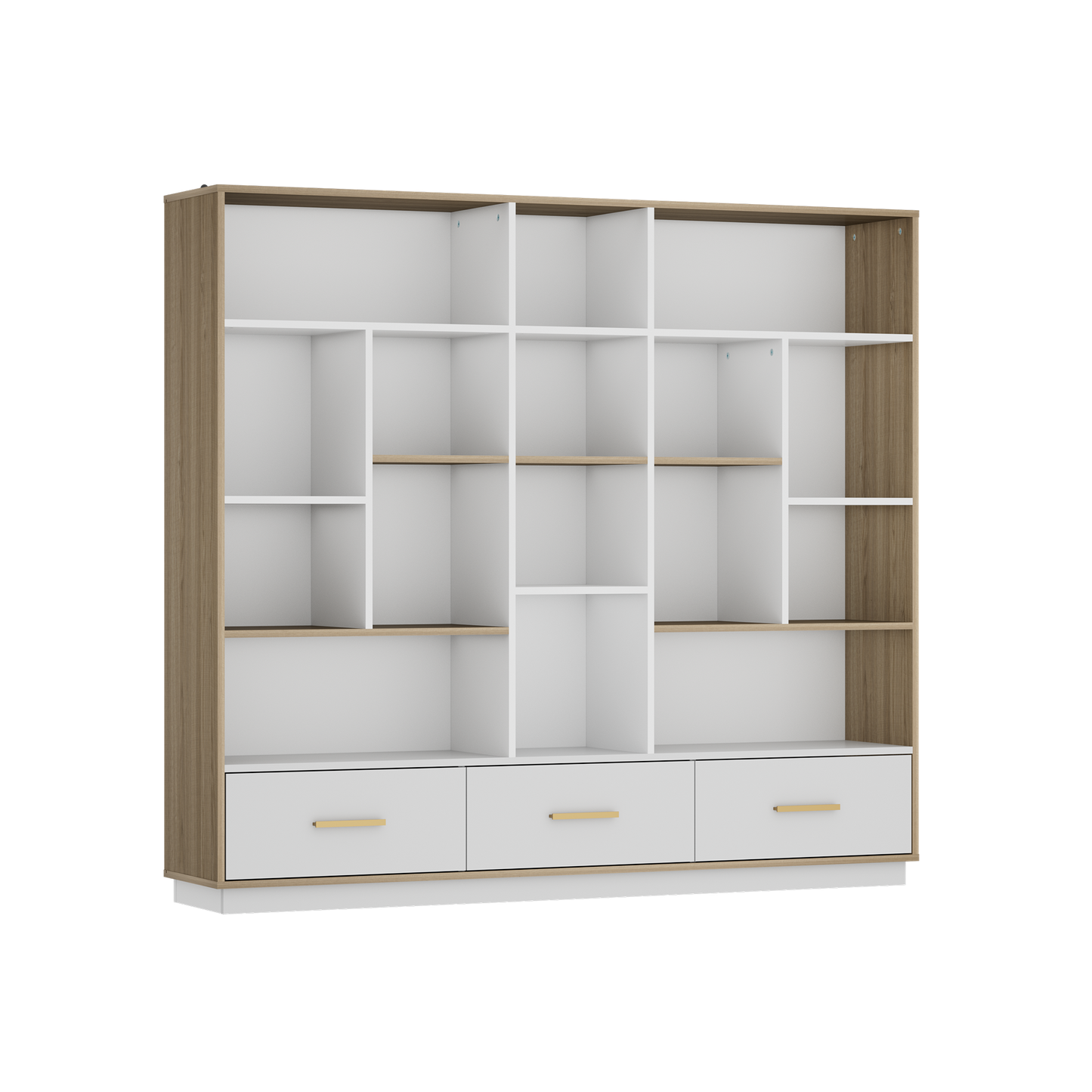 The unit has multiple open storage compartments above three wide lower drawers with gold-tone pulls
