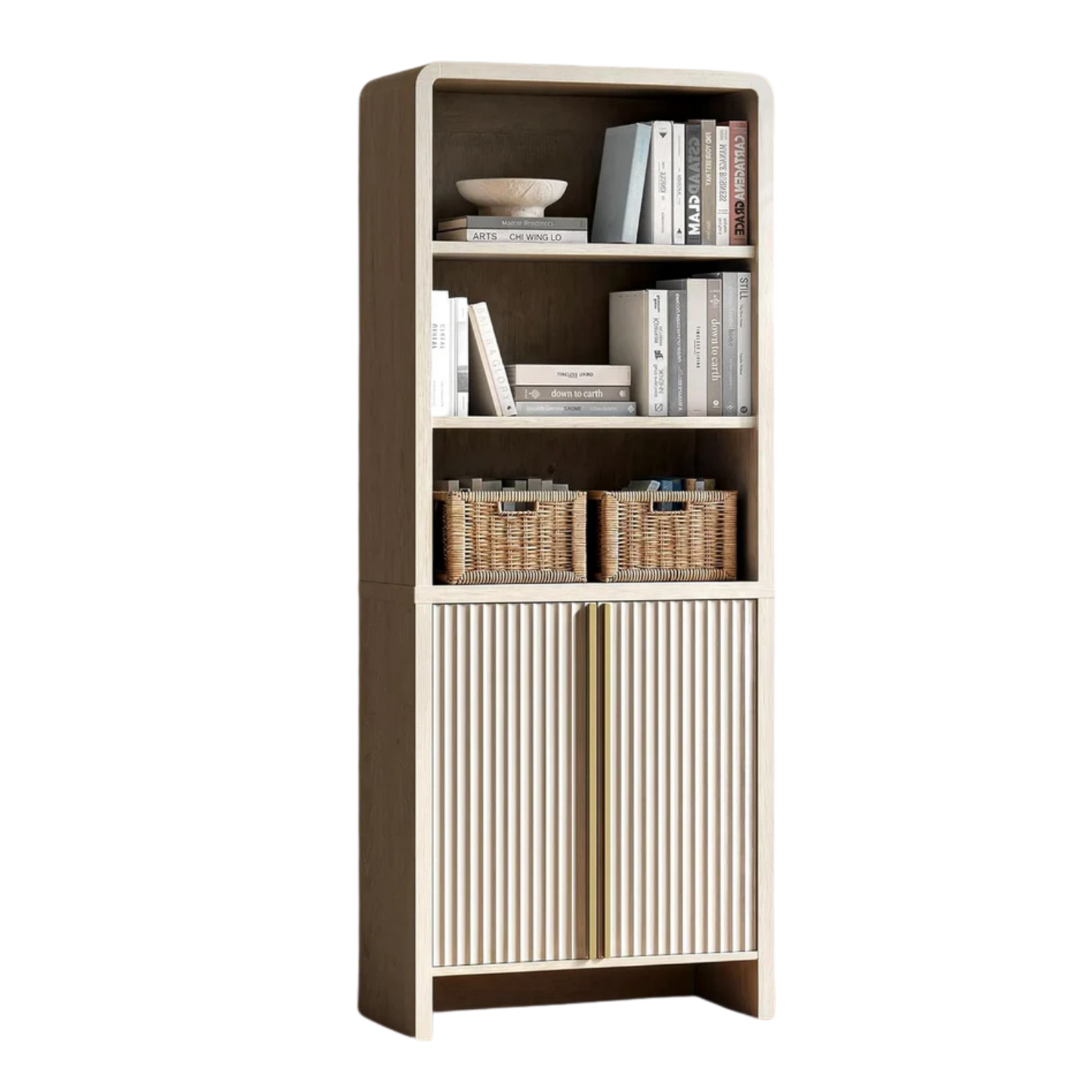 Tall two-tone cabinet combines open shelves, basket storage, and fluted lower doors