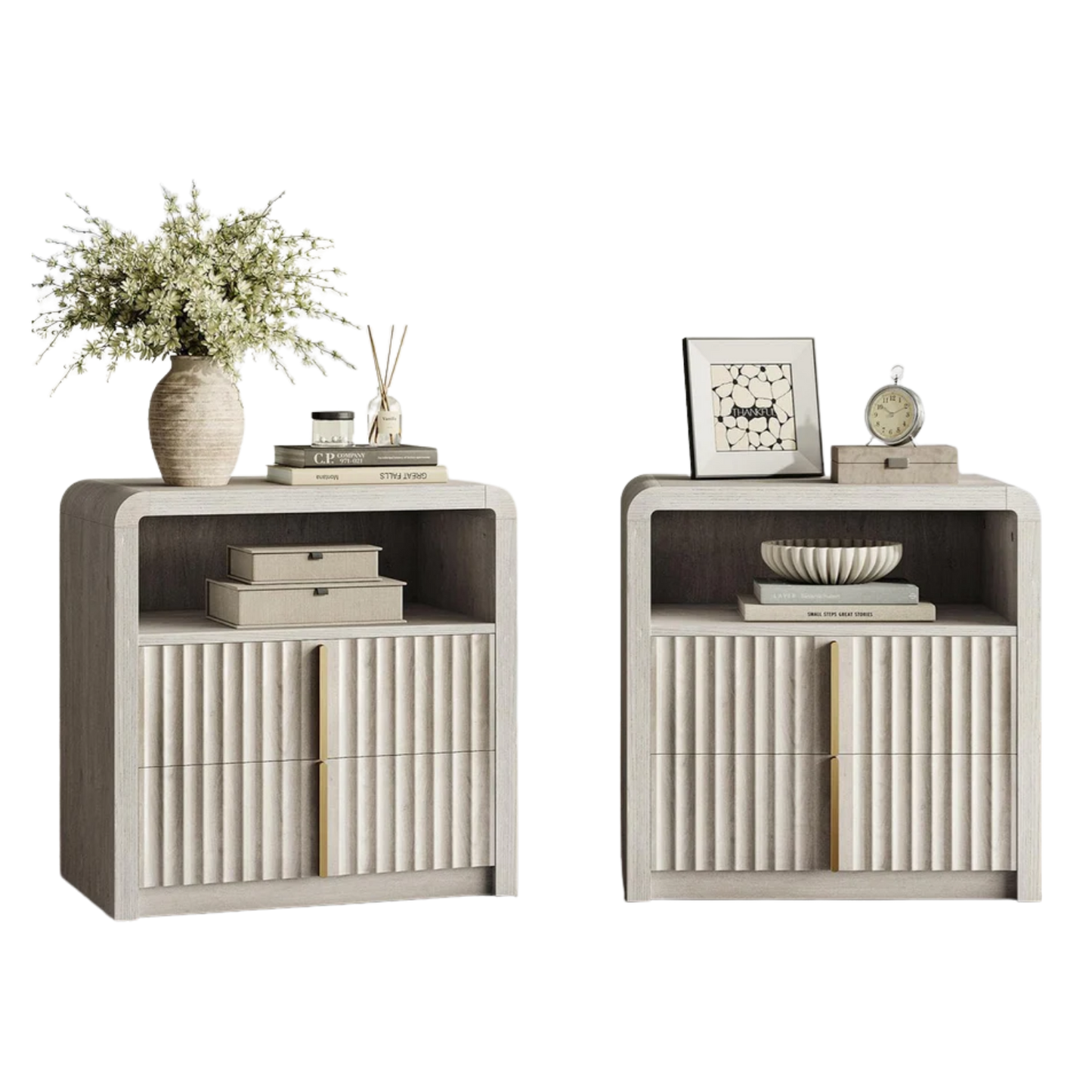 Caly 23.6" White Alder Finish Fluted Curve Nightstand-2Pcs