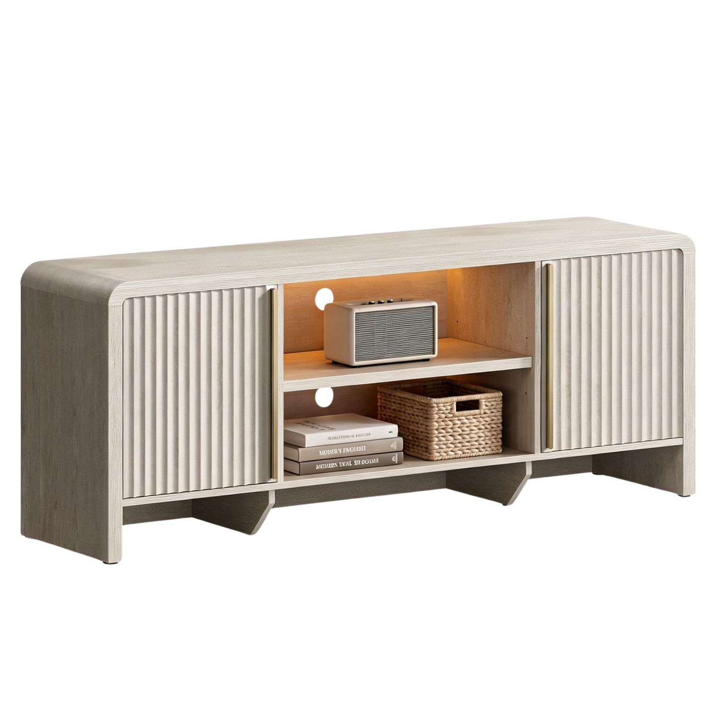 Low cream cabinet has ribbed side doors and two open center shelves