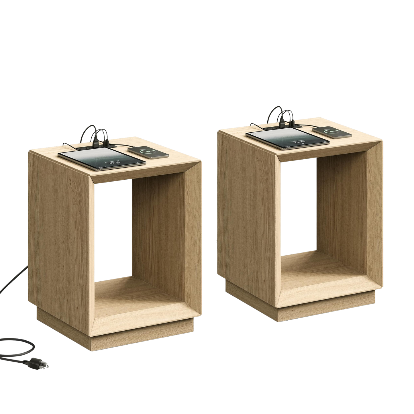 Two open-cubby wood-grain tables stand against a black background, Each tabletop supports two devices beside paired arched cables