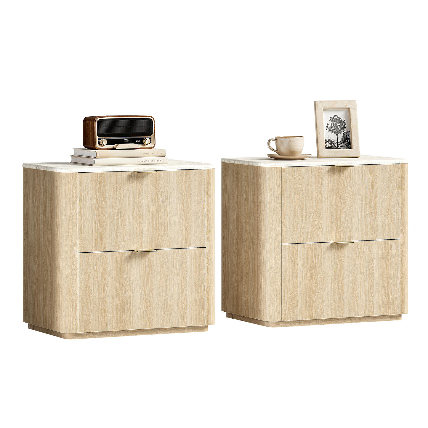 Two light wood-toned nightstands shown together