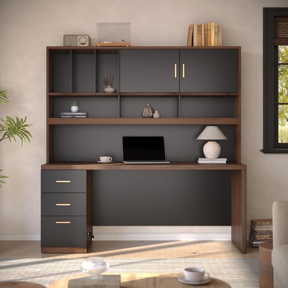 Desk with upper storage shown in a home office