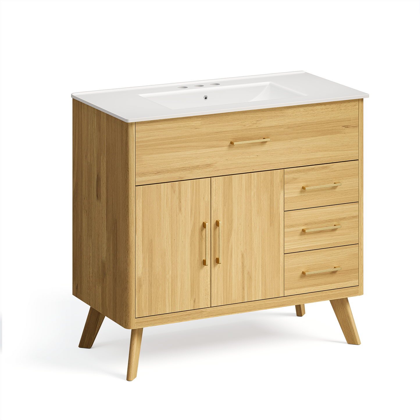 Light wood bathroom vanity with an integrated white sink, Two doors and four drawers have brass-tone handles