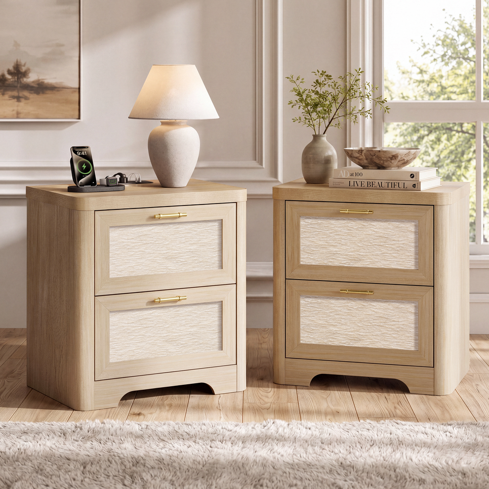 Set of 2 22-Inch-Wide Natural Oak-Look Nightstands with Charging Stations and 2 Drawers Each