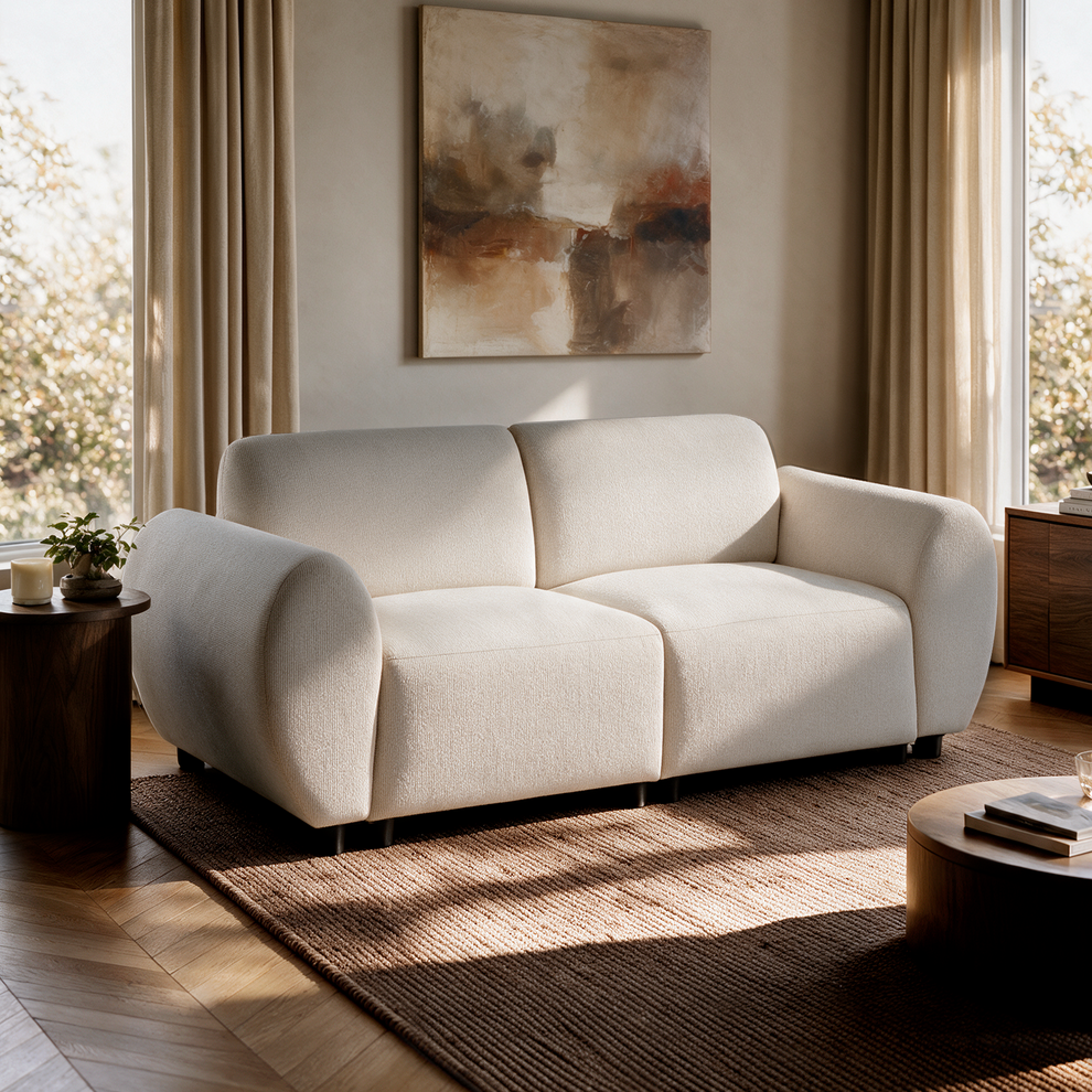 Cream-colored sofa with rounded arms, two seats and short dark legs sits on a brown rug beneath an abstract painting, between curtained windows.