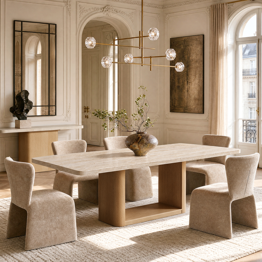 A rectangular dining table surrounded by upholstered chairs sits beneath a branching chandelier in a bright room with ornate walls and tall windows.