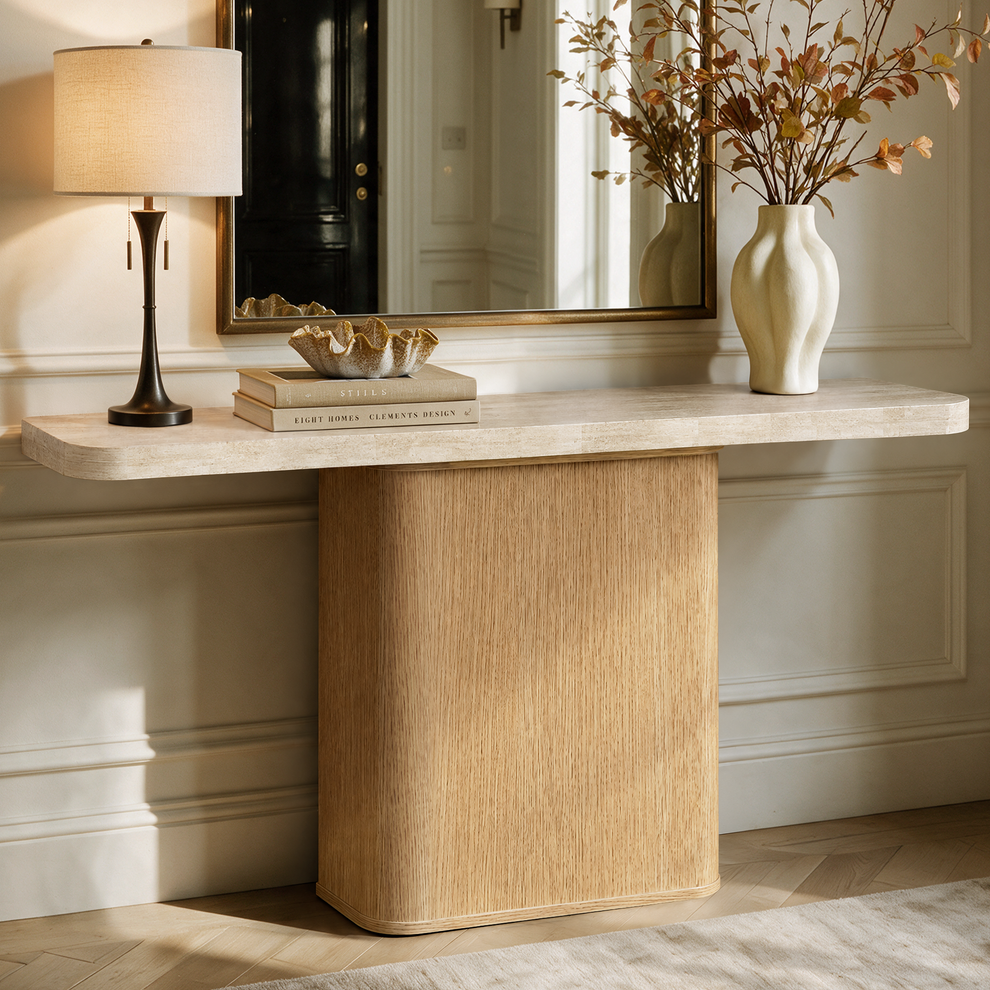 71 Inch Natural Travertine Console Table, Modern Luxury Stone Entryway Table