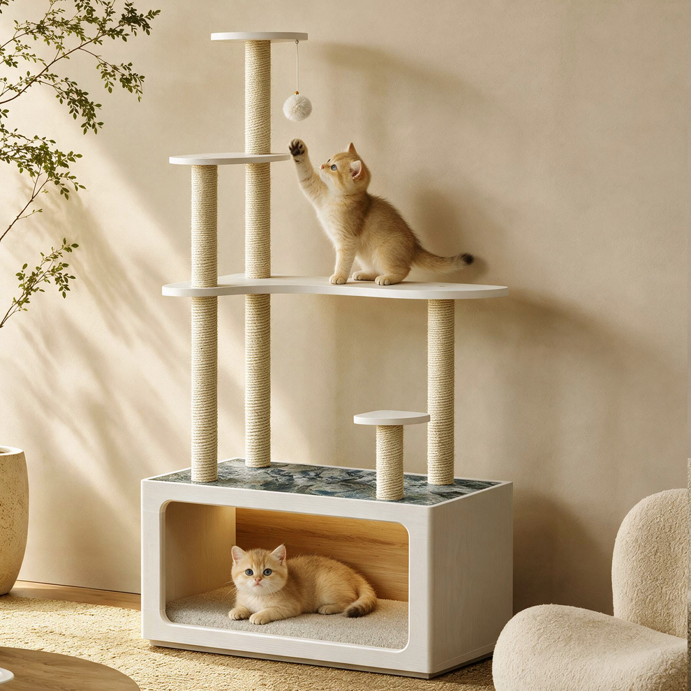 Cat tree with cats shown in a room