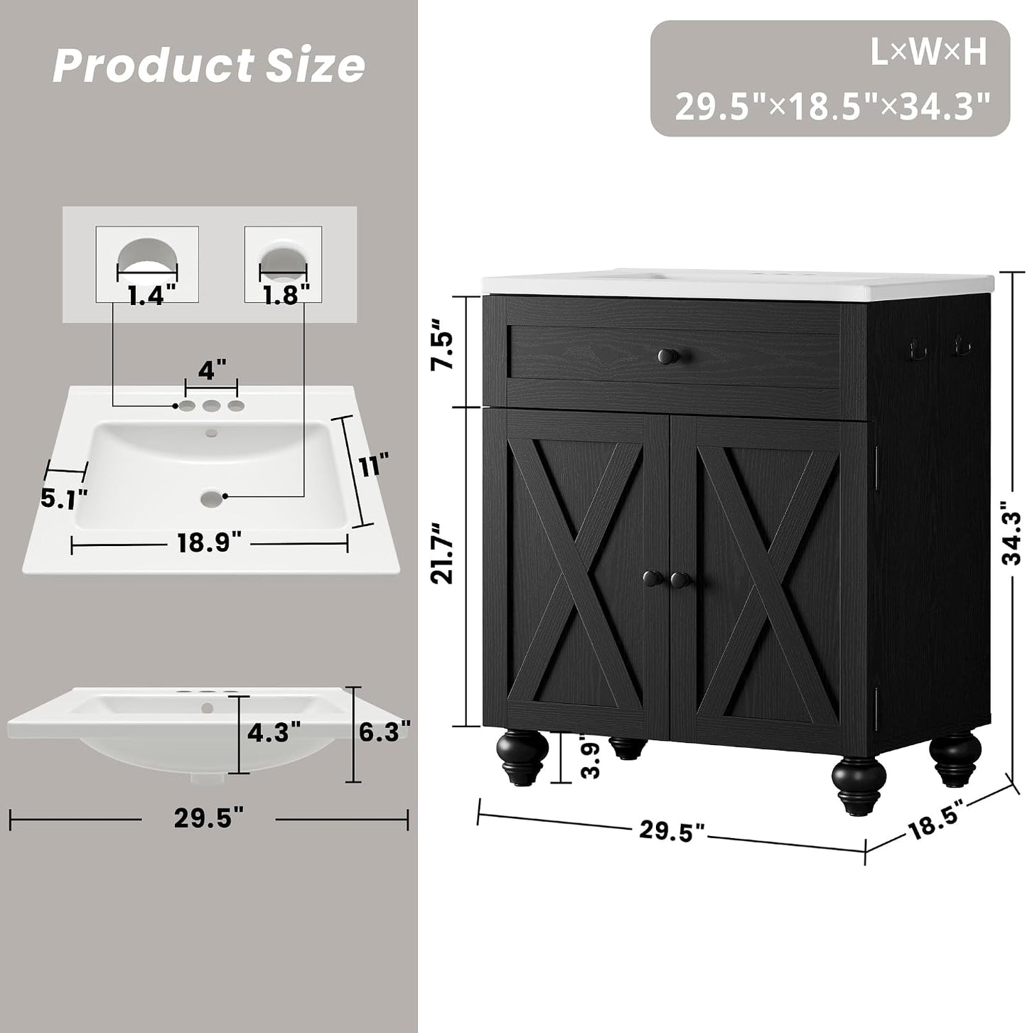 30" Bathroom Vanity with Sink 2-Tier Large Storage Areas