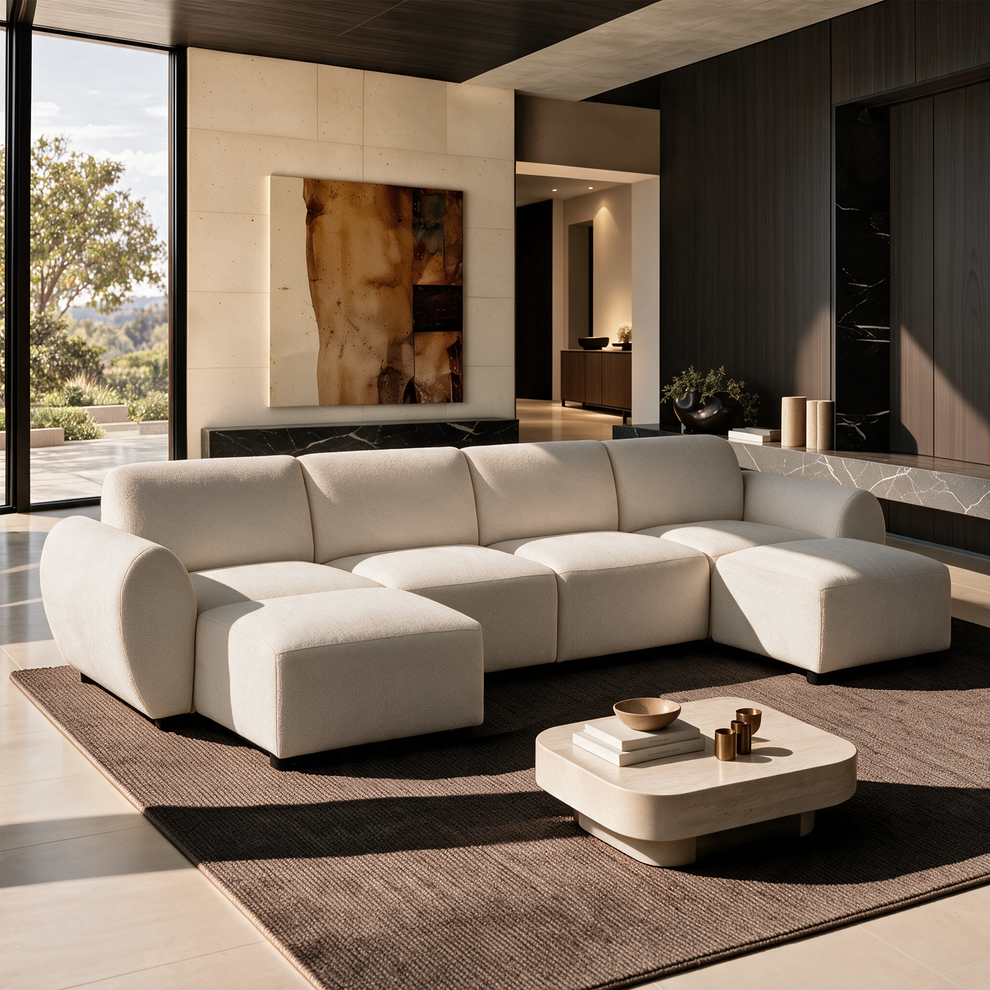 Cream sectional sofa with rounded arms and projecting seats at both ends, arranged on a brown rug beside a low coffee table in a sunlit living room with abstract wall art and tall windows.