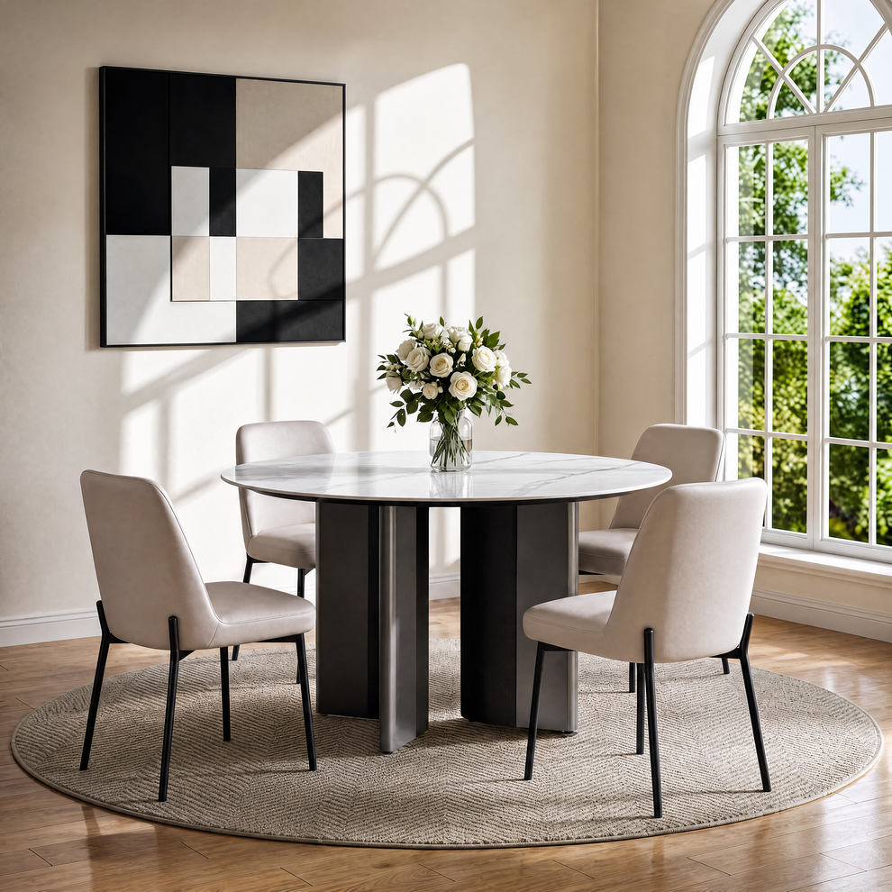53" Snowy Mountain Glossy Sintered Stone Round Table for 6-8 (No Turntable)