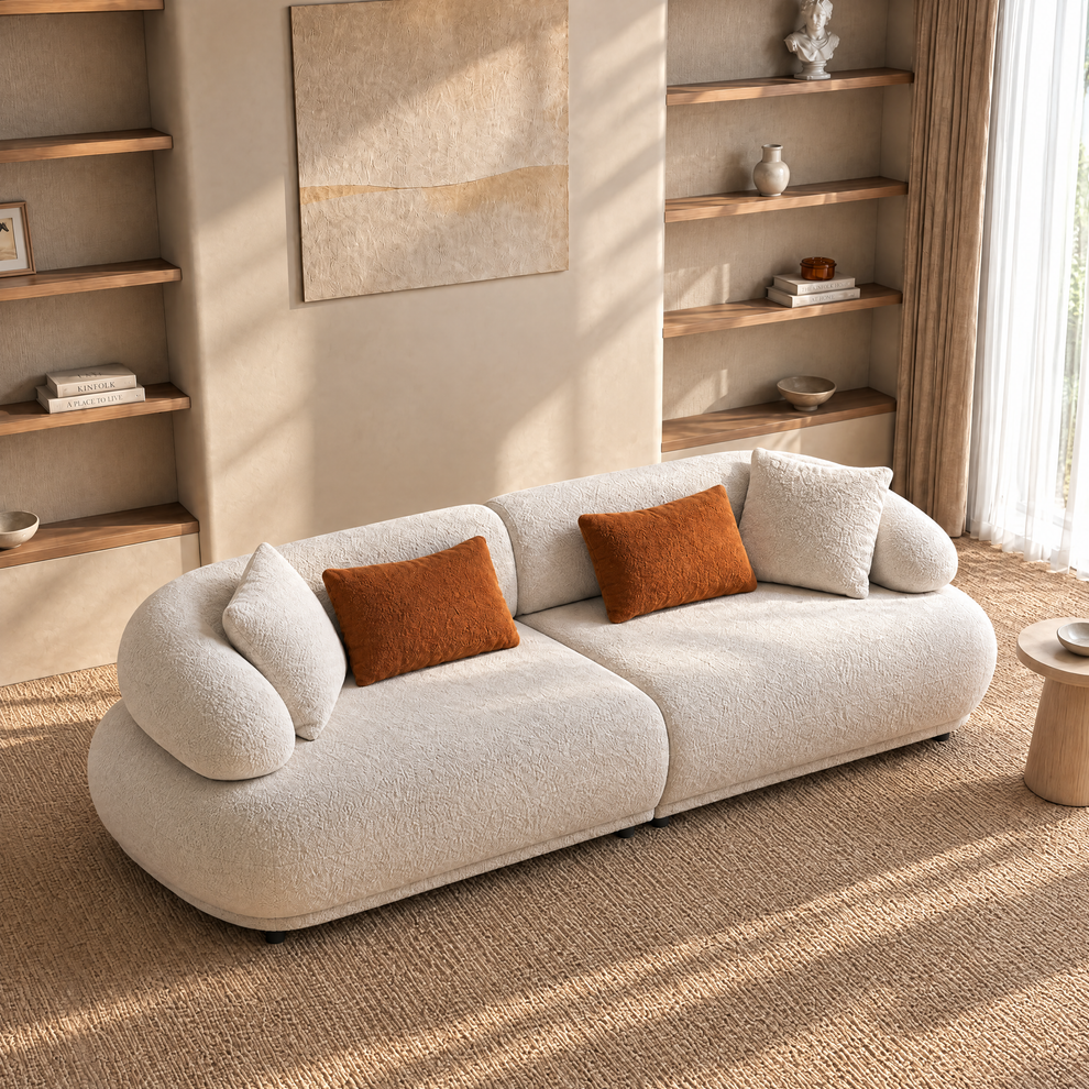 Cream Teddy Fabric 3-Seater Sofa with Cylindrical Armrests