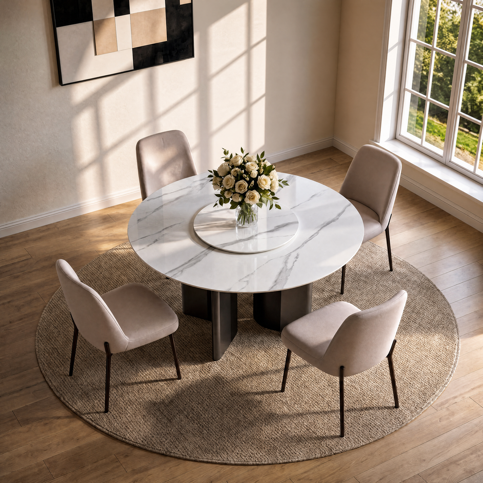 53" Snowy Mountain Glossy Sintered Stone Round Table for 6-8 (with Turntable)