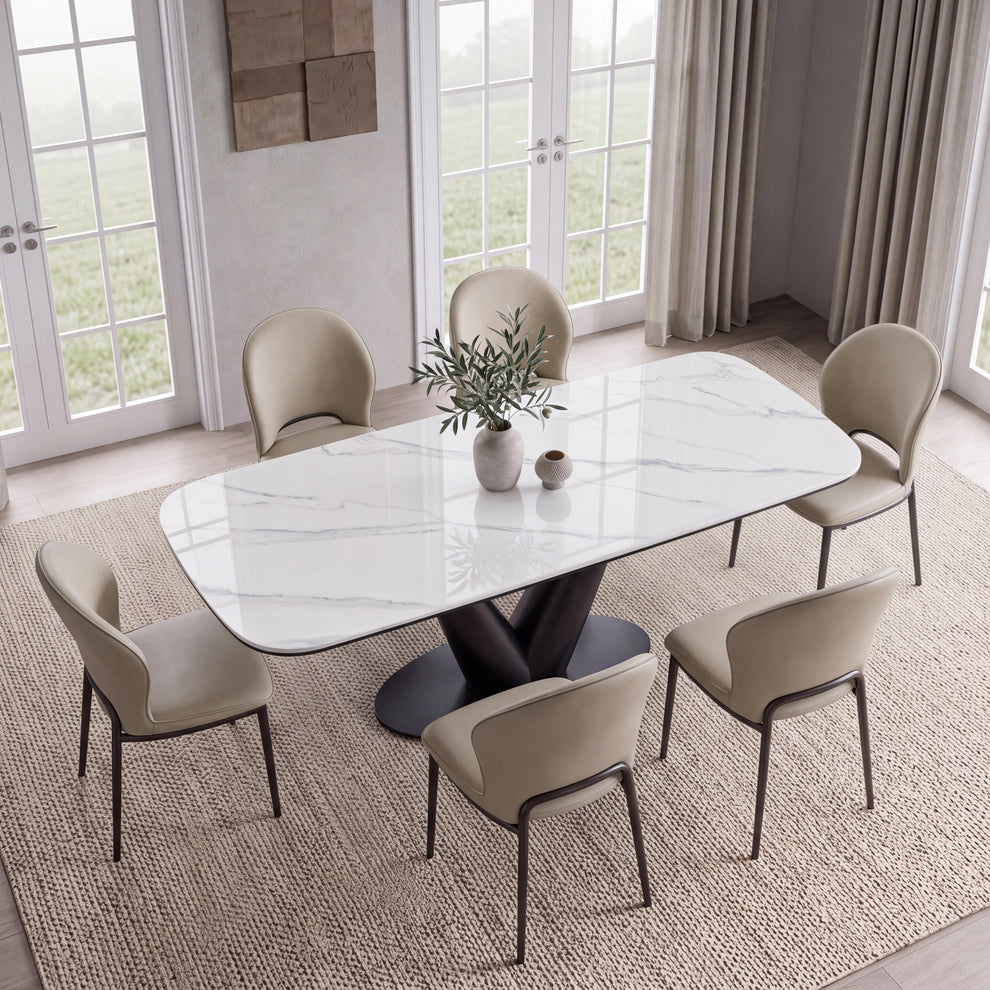 78" Glossy Sintered Stone Dining Table – Snow Mountain Pattern with V-Shaped Metal Base (6-8 Seater)