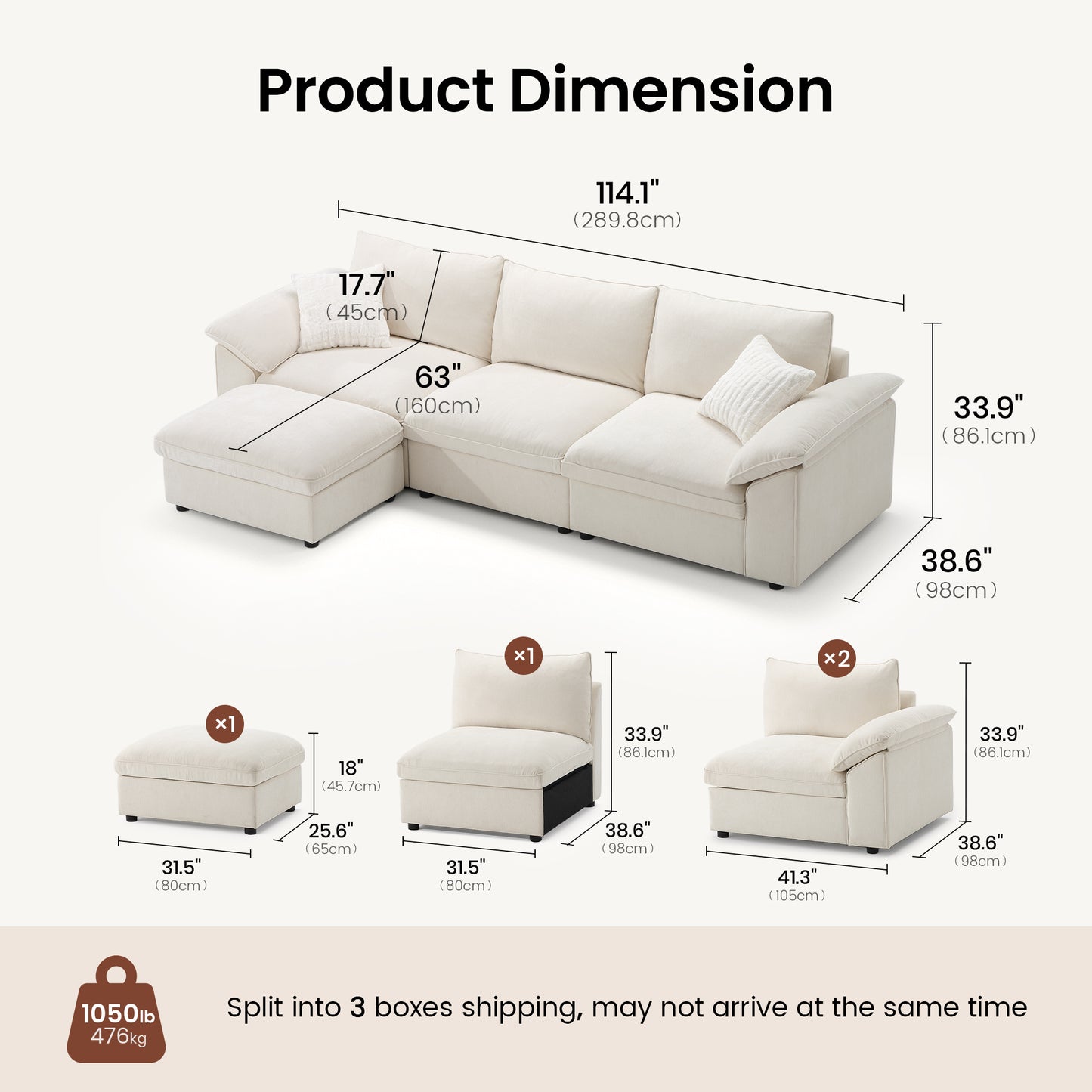 Dreamboat Modular Chenille L-Shape Sofa with Storage Ottoman,Beige