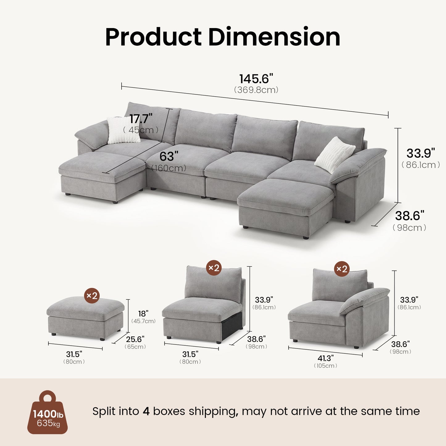 Dreamboat Modular Chenille U-Shape Sofa with Storage Ottoman,Gray
