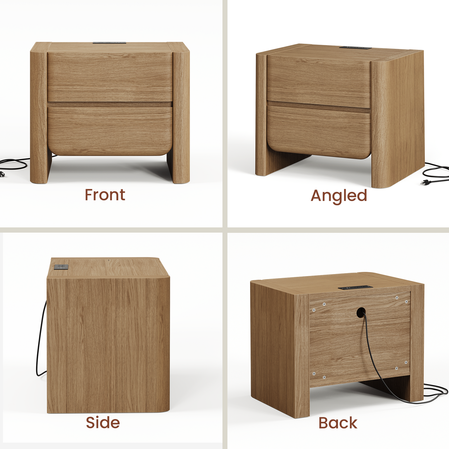 26 Inch Curved Edge Nightstands with Charging Station, Set of 2