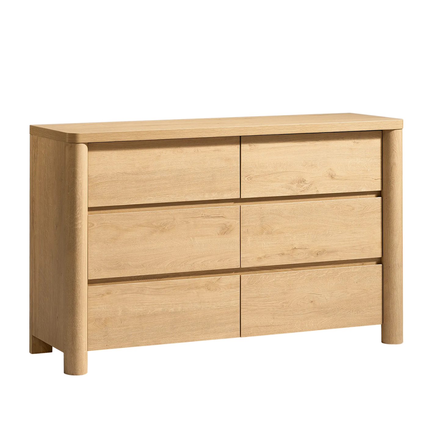 Light wood dresser has six handleless drawers and rounded front posts