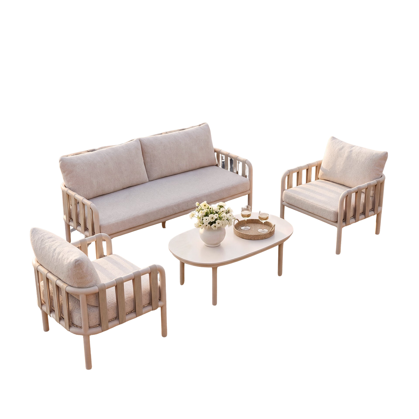 4-Pcs Modern Outdoor Bold Tube Sofa & Webbing Lounge Chair Set