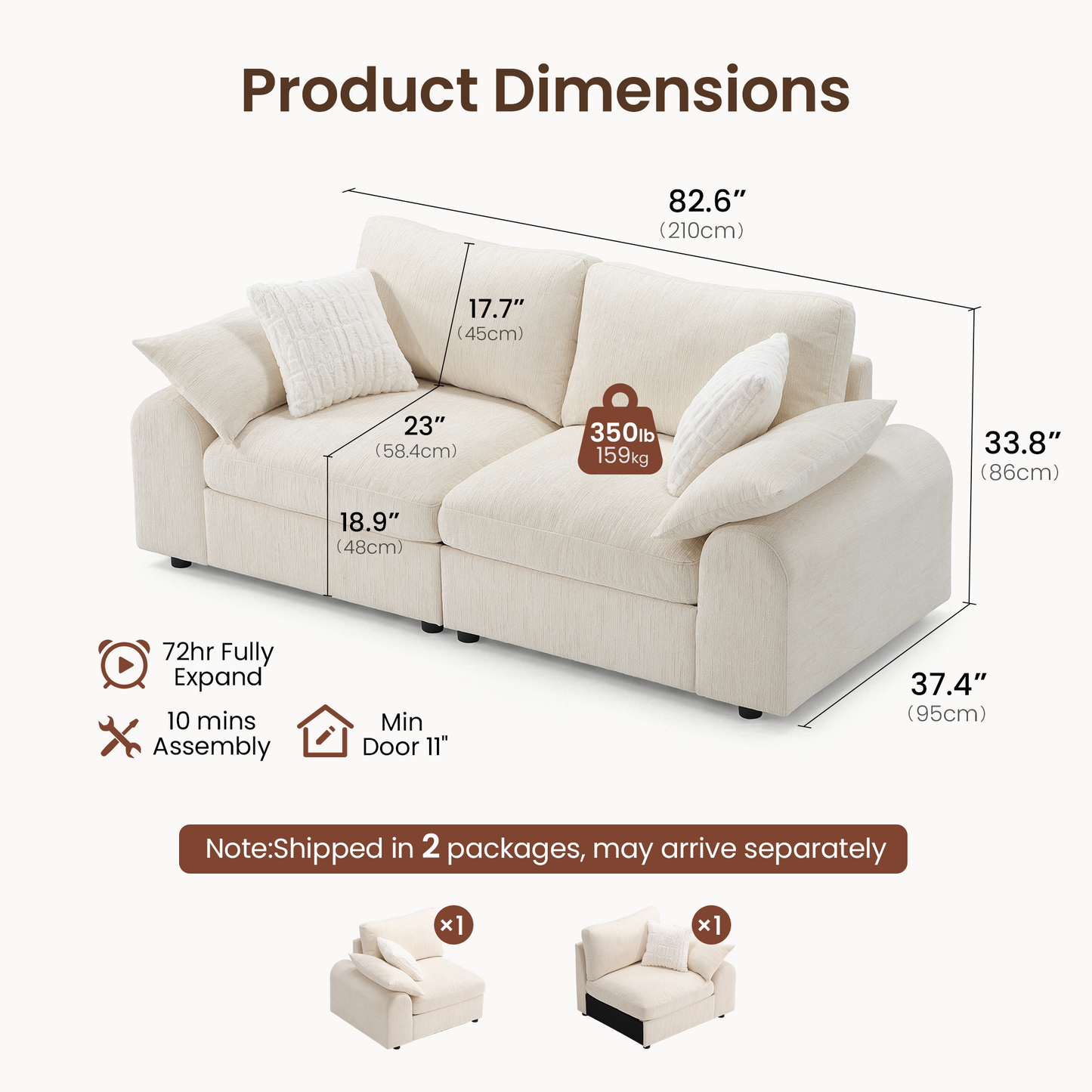 Rialto Modular Chenille Loveseat Sofa with Curved Armrests,Beige
