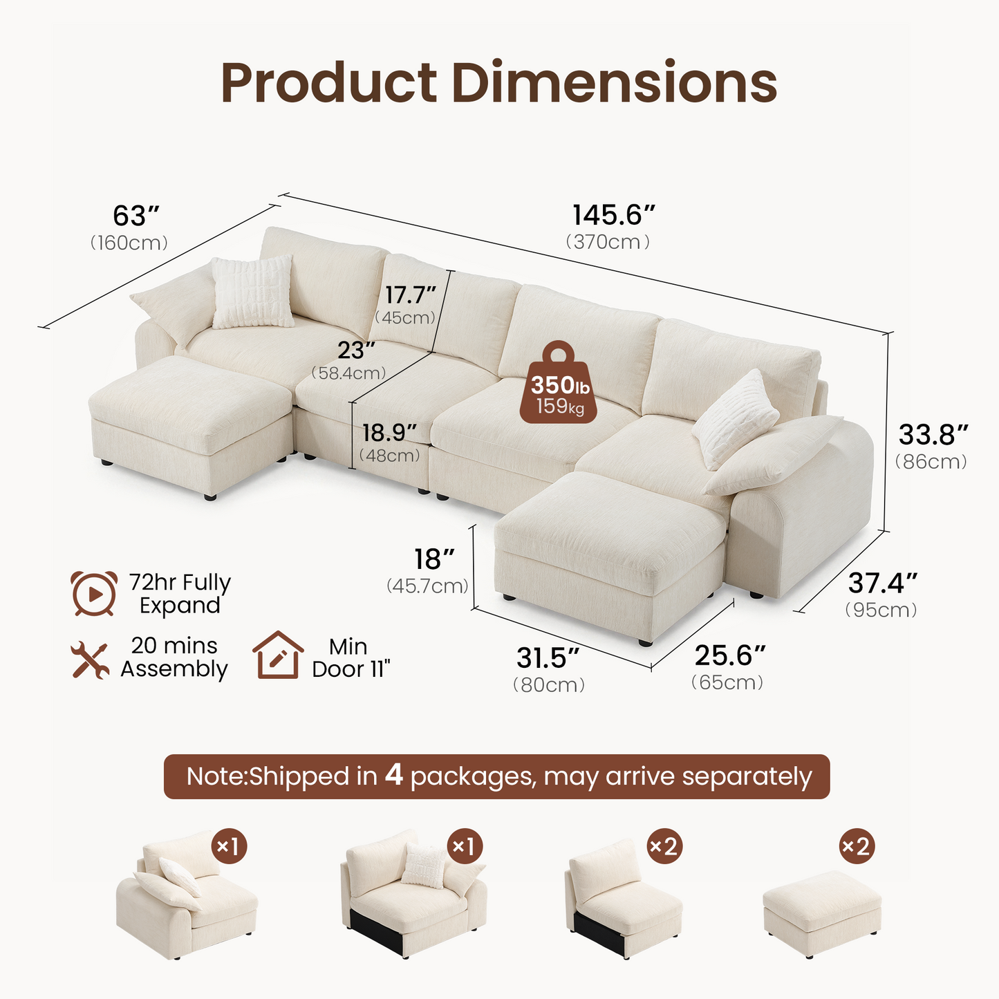 Rialto Modular Chenille U-Shape Sofa with Storage Ottoman,Beige