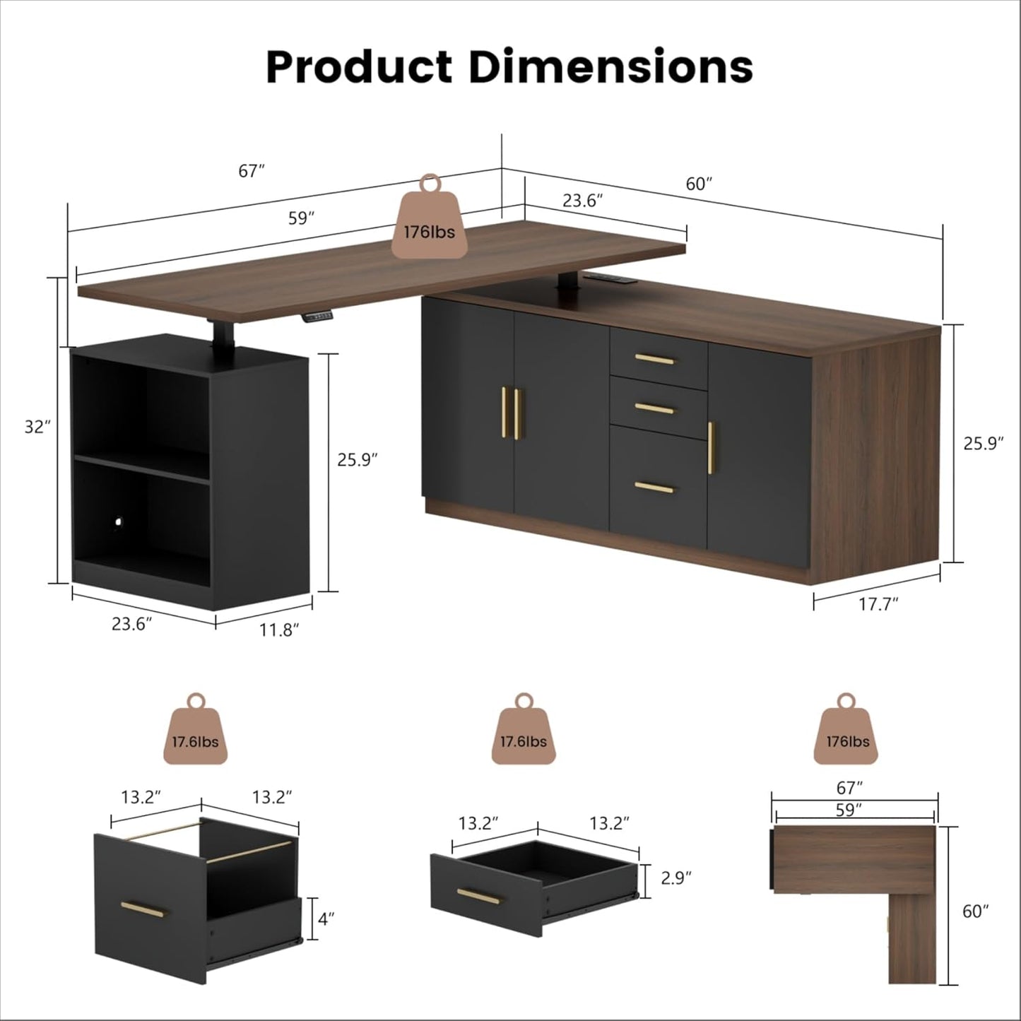 59" Electric Standing Desk L Shaped Executive Desk with Drawers & Power Outlets