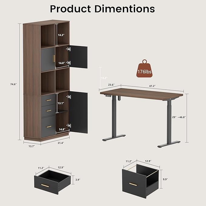 47" Electric Standing Desk with Tall Storage Cabinet, Black Walnut