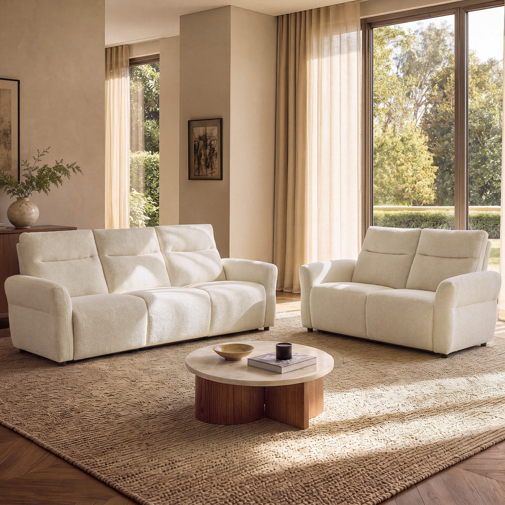 Linnea Beige Textured Fabric Manual Reclining 3-Seater and Loveseat Sofa Set