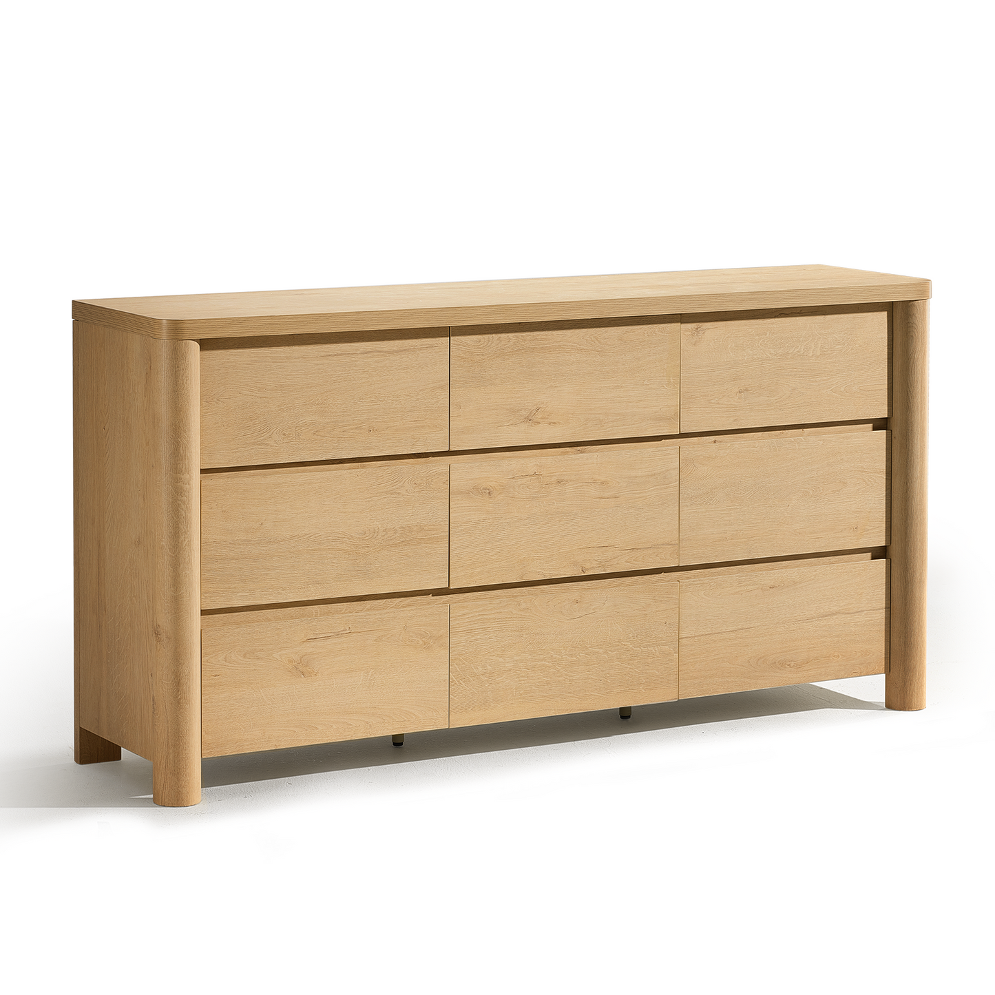 Wide light wood dresser has handleless drawers and rounded front posts