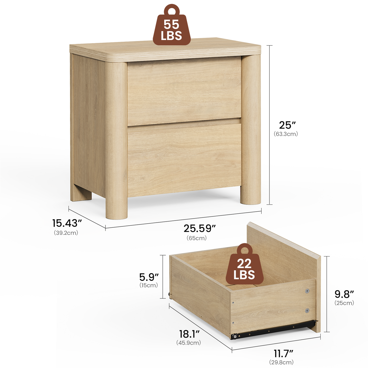 25.5'' Soft-Edge Natural Wood 2-Drawer Nightstand,Set of 2