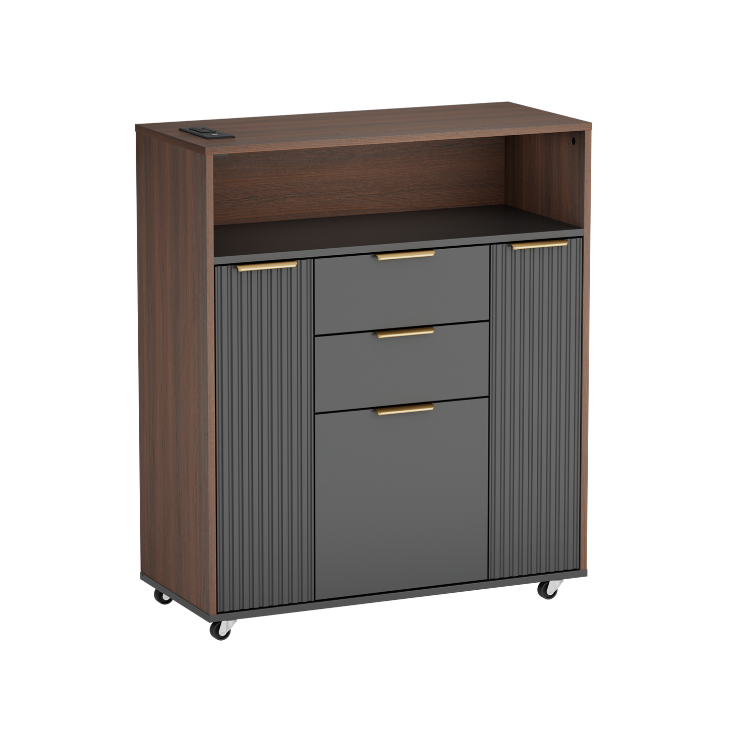 31.5" Fluted Storage Cabinet Rolling Sideboard Buffet Black Walnut Office Cabinet Rolling Bookcase