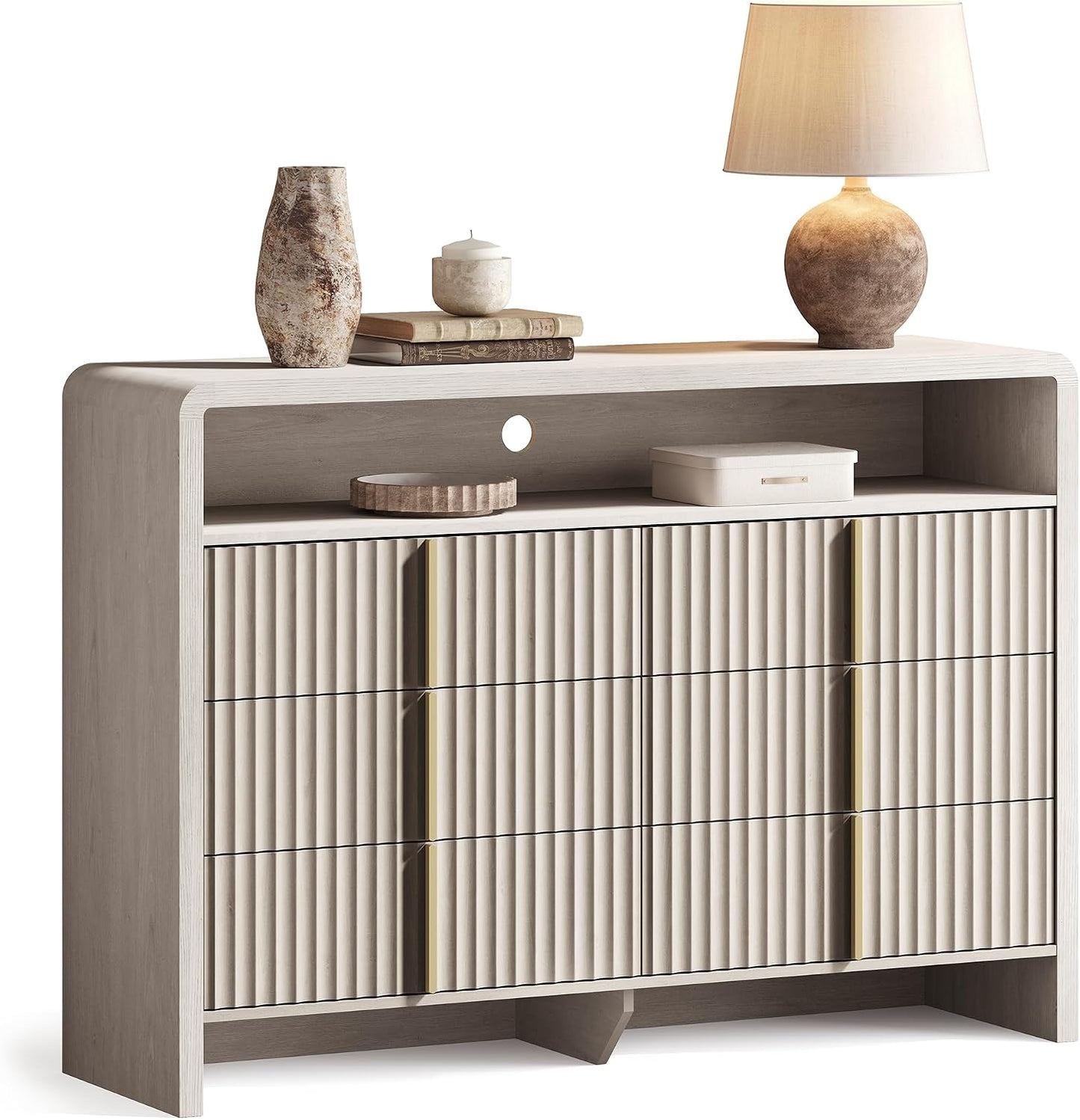 Caly 53.2" White Alder Finish Fluted 6 Drawer Dresser with Open Shelf