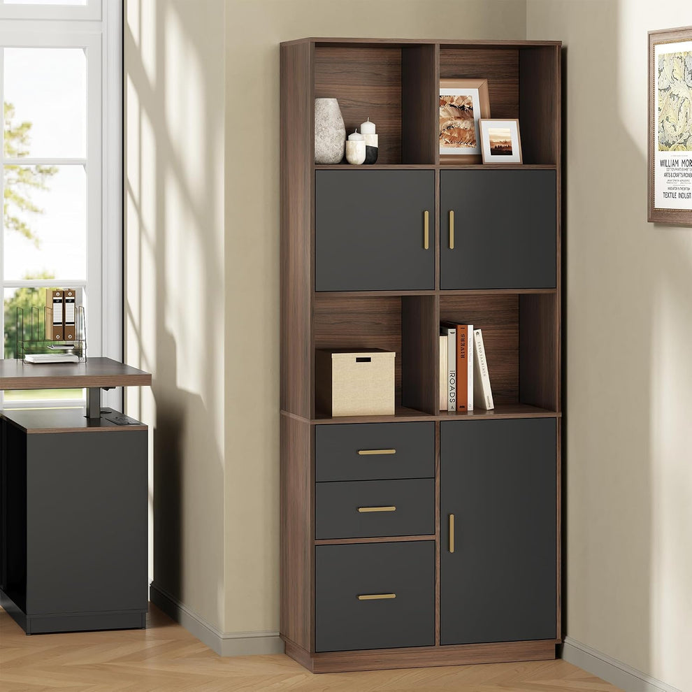 74.6" Tall Bookcase with 3 Drawers & Doors, Modern Bookshelf with Adjustable Shelves