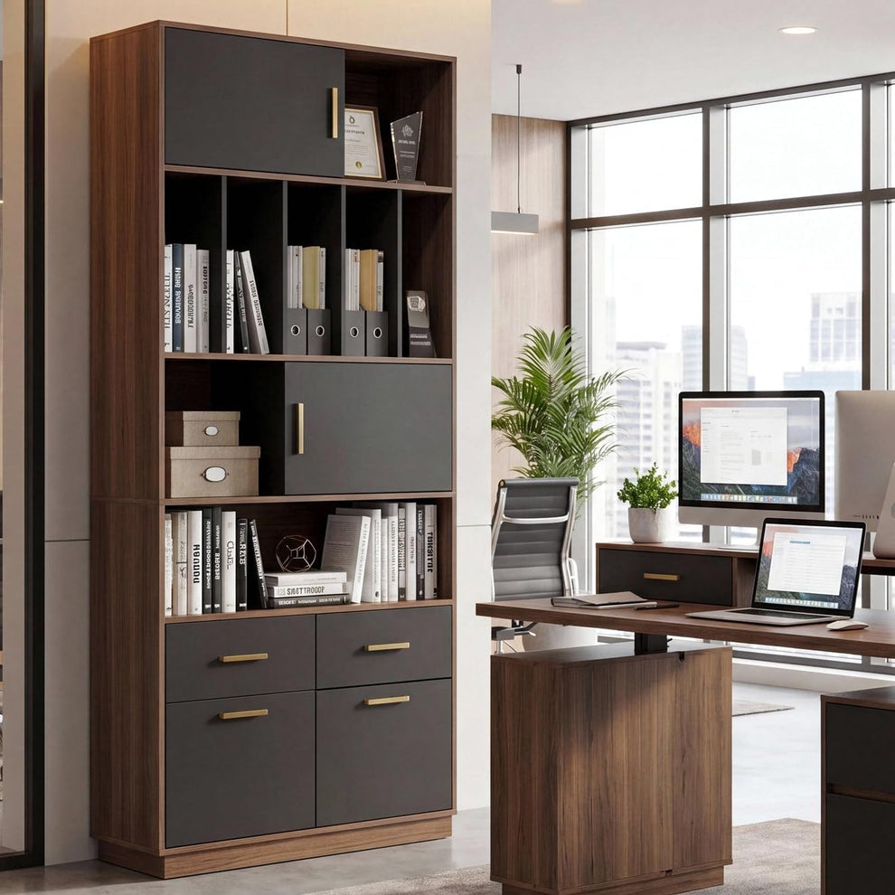 73" Tall Bookcase with 4 Drawers and Doors, Modern Office Storage Cabinet