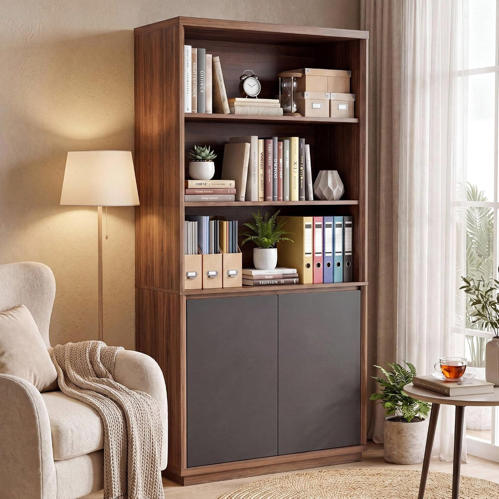 A tall bookcase with books, storage boxes, plants, and a clock stands beside a cream armchair and floor lamp in a bright living room.