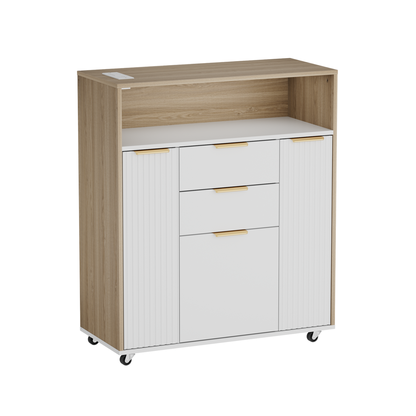 Two-tone mobile cabinet has an open cubby, side doors, central drawers, and casters