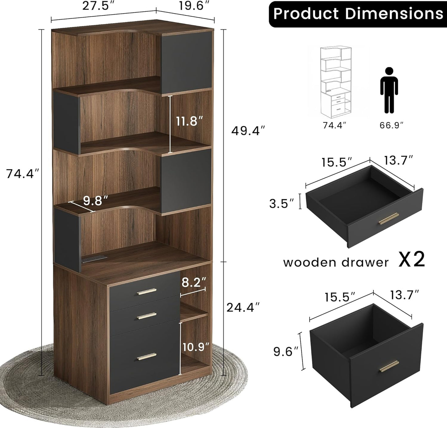 74.4" Tall L-Shaped Corner Bookshelf, 7-Tier Bookcase Black Walnut