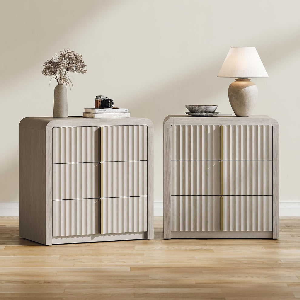 2 Pack Fluted Nightstand with 3 Drawers Caly 23.6" End Table