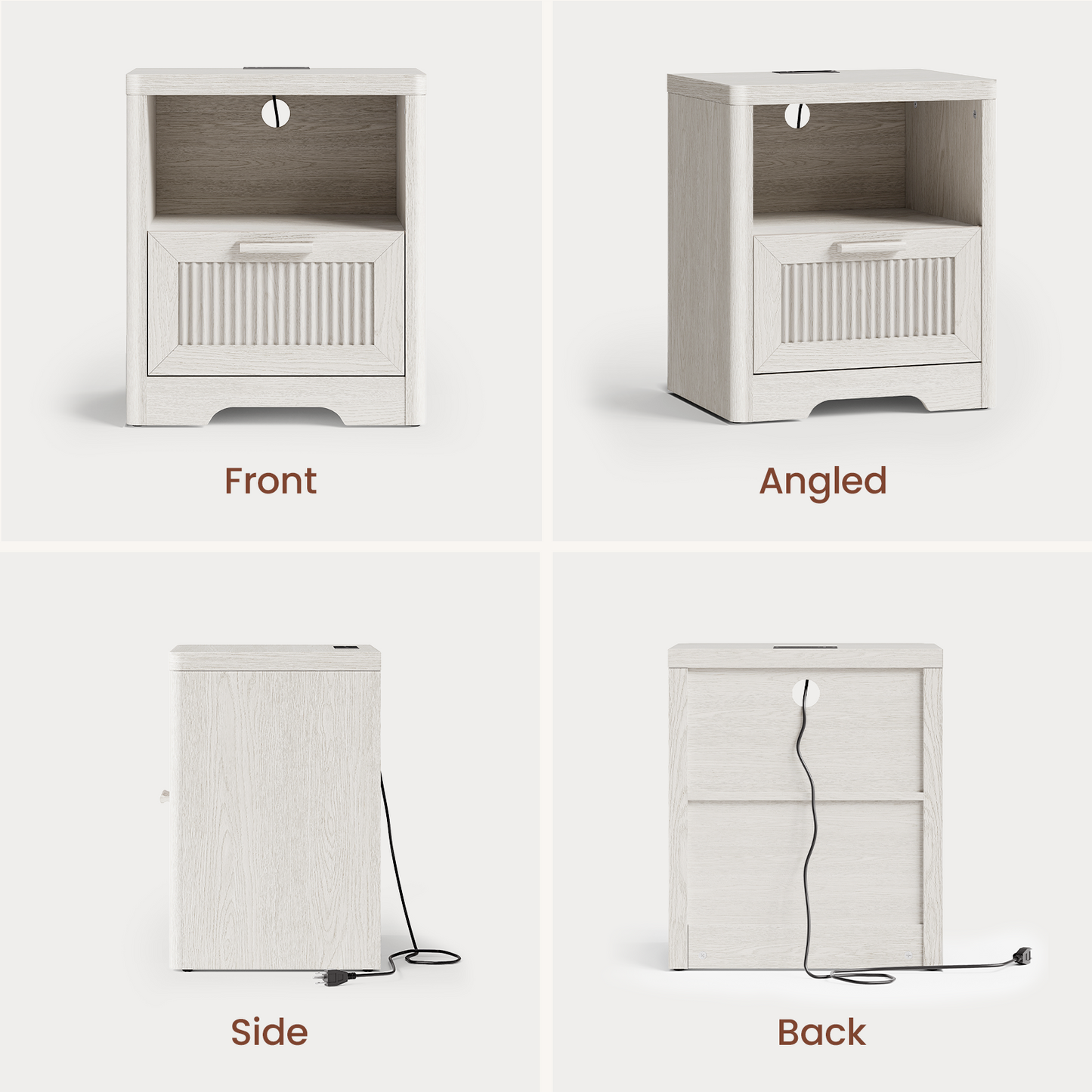 White nightstand with open shelf, ribbed drawer, cable hole, and power strip, Front, angled, side, and back views