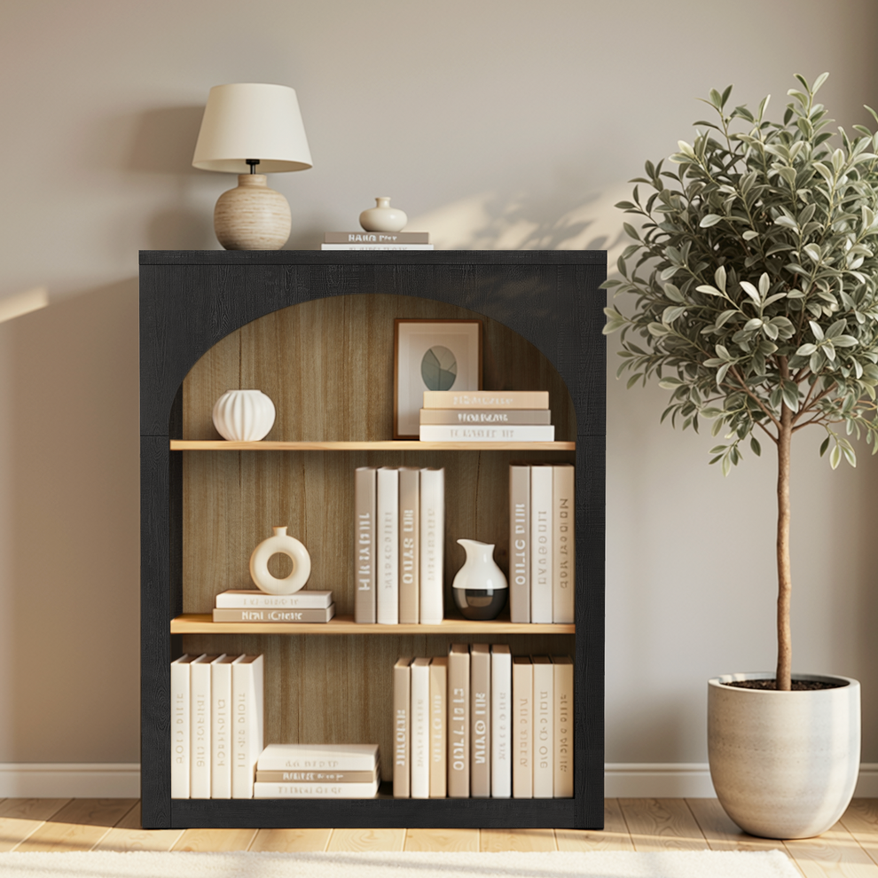 Black open bookcase styled with books and decorative objects
