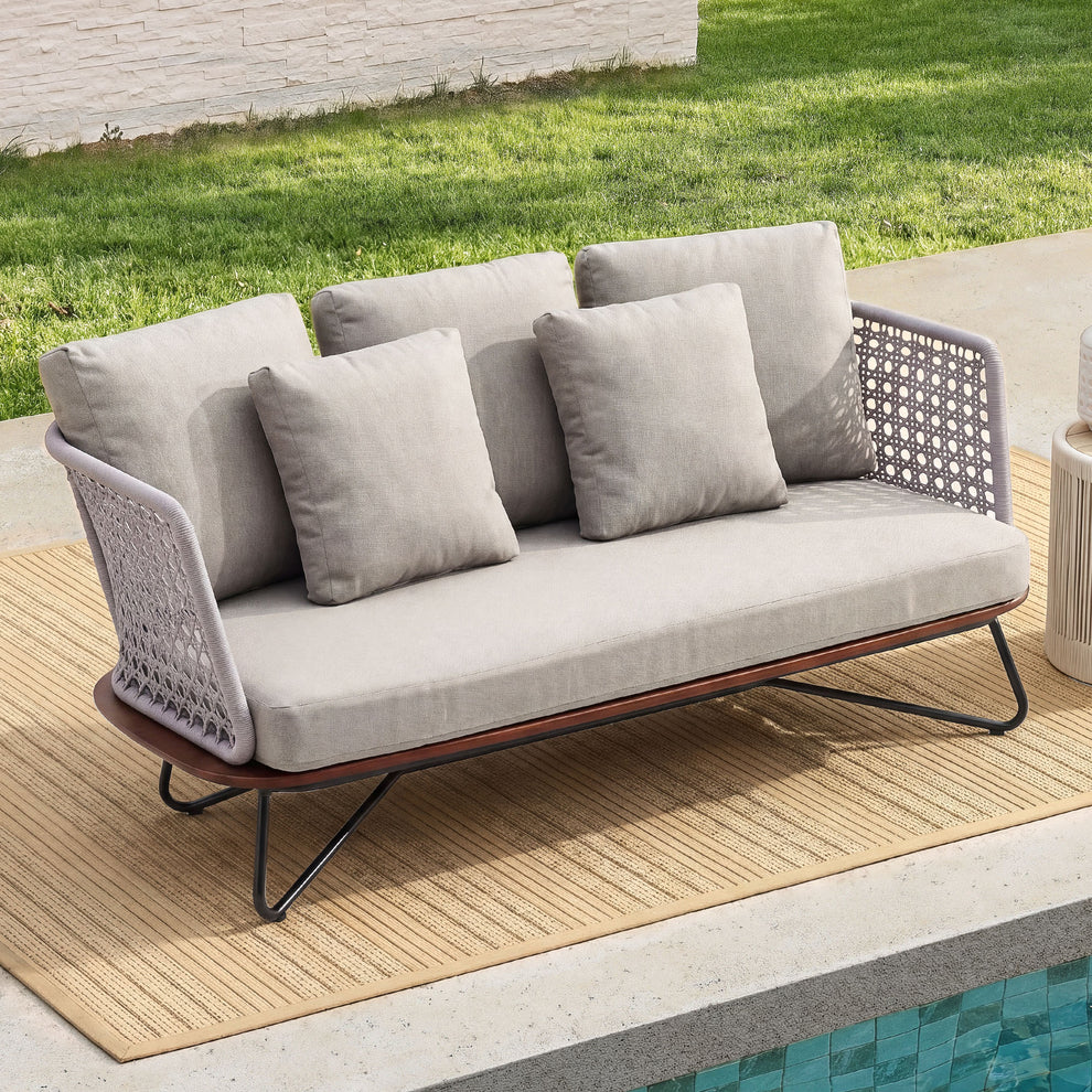 Amalfi 64" Outdoor Woven Rope Loveseat with Solid Teak Base