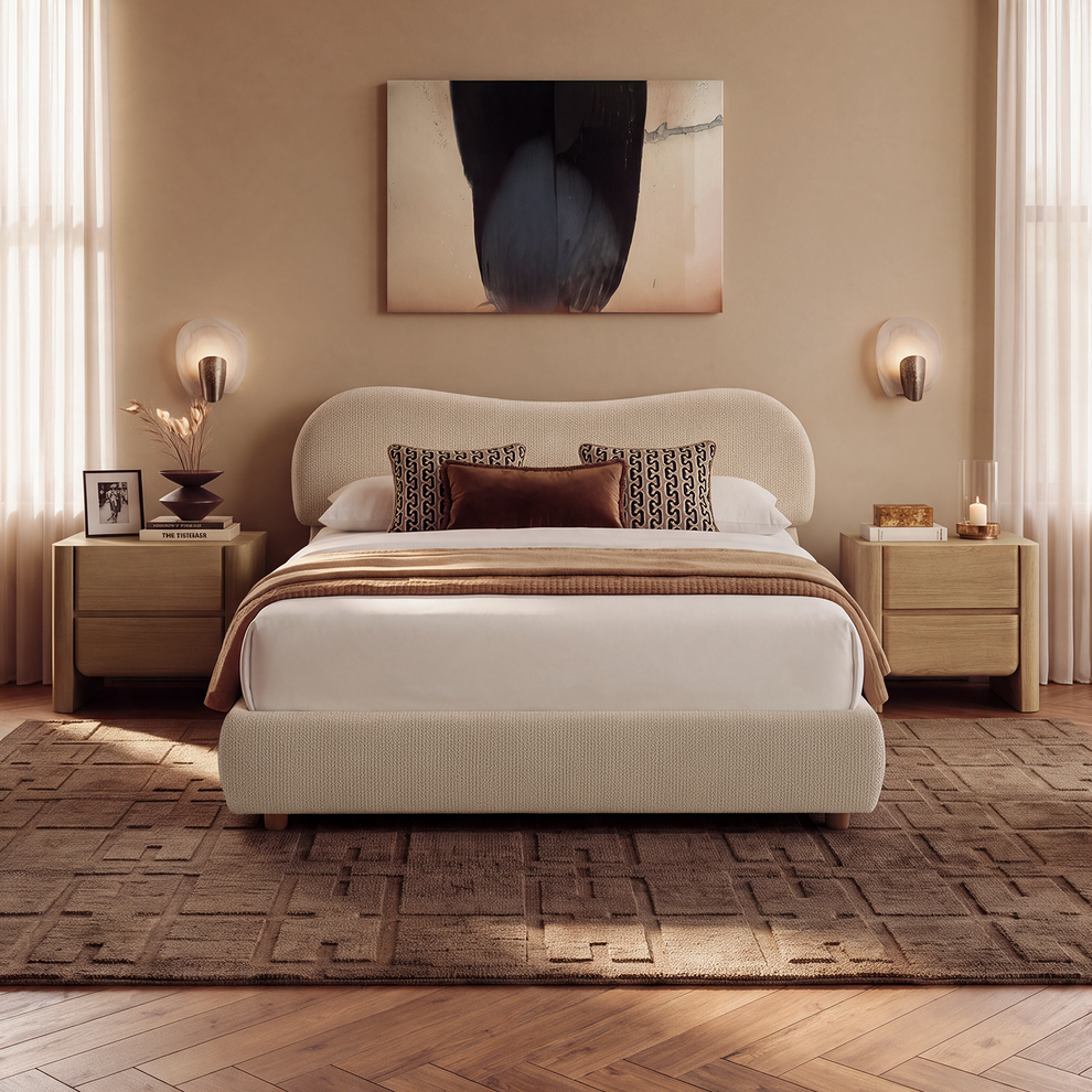 Queen Lift-Up Storage Bed Frame with Upholstered Headboard – Arcella, Beige