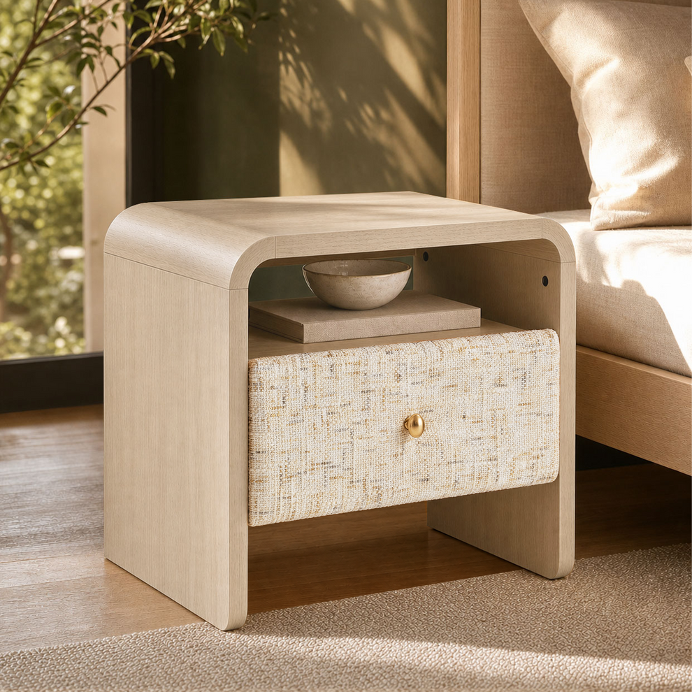 Dione Nightstand with Pebble Handle & Open Shelf - Natural Wood