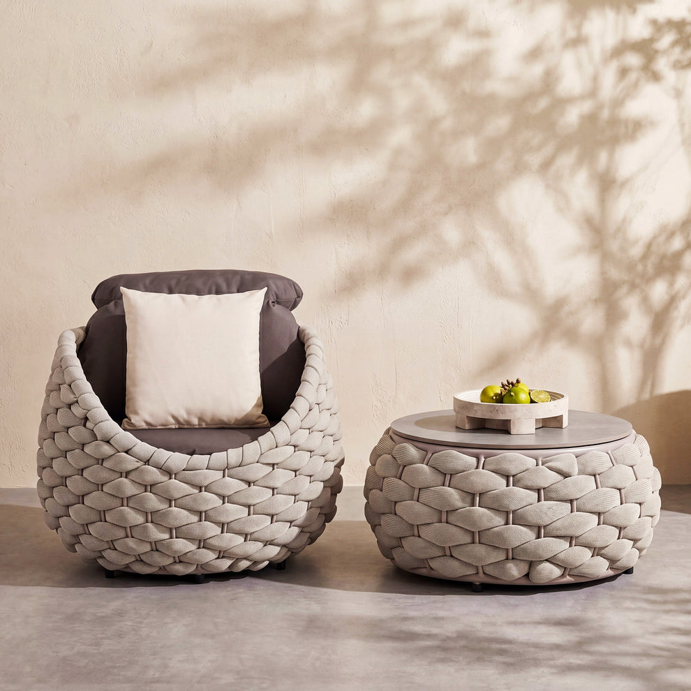 33.5" Outdoor Eggshell Handwoven Rope Sofa Chair with Cushions