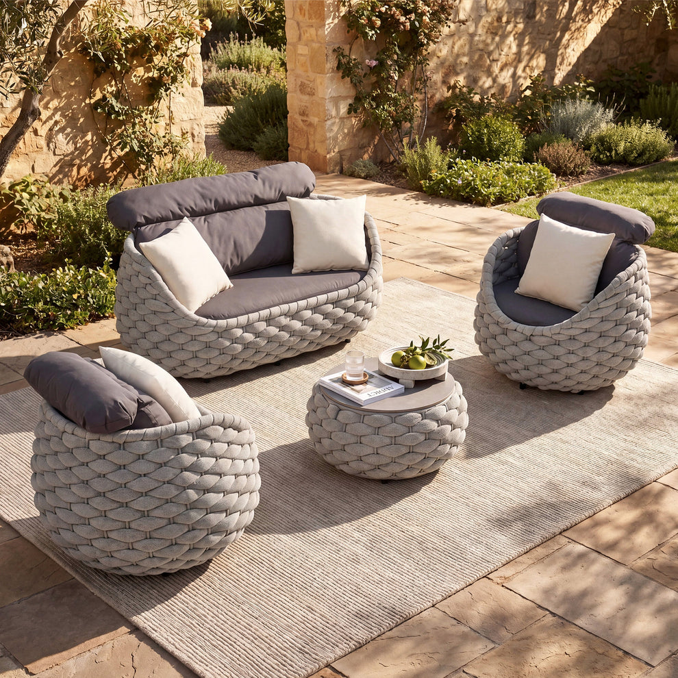 4-Piece Eggshell Woven Rope Patio Furniture Set with 1 Loveseat & Coffee Table, 2 Lounge Chairs